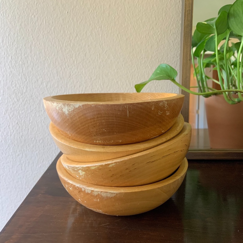 Vintage Distressed Wooden Bowl Set of 4